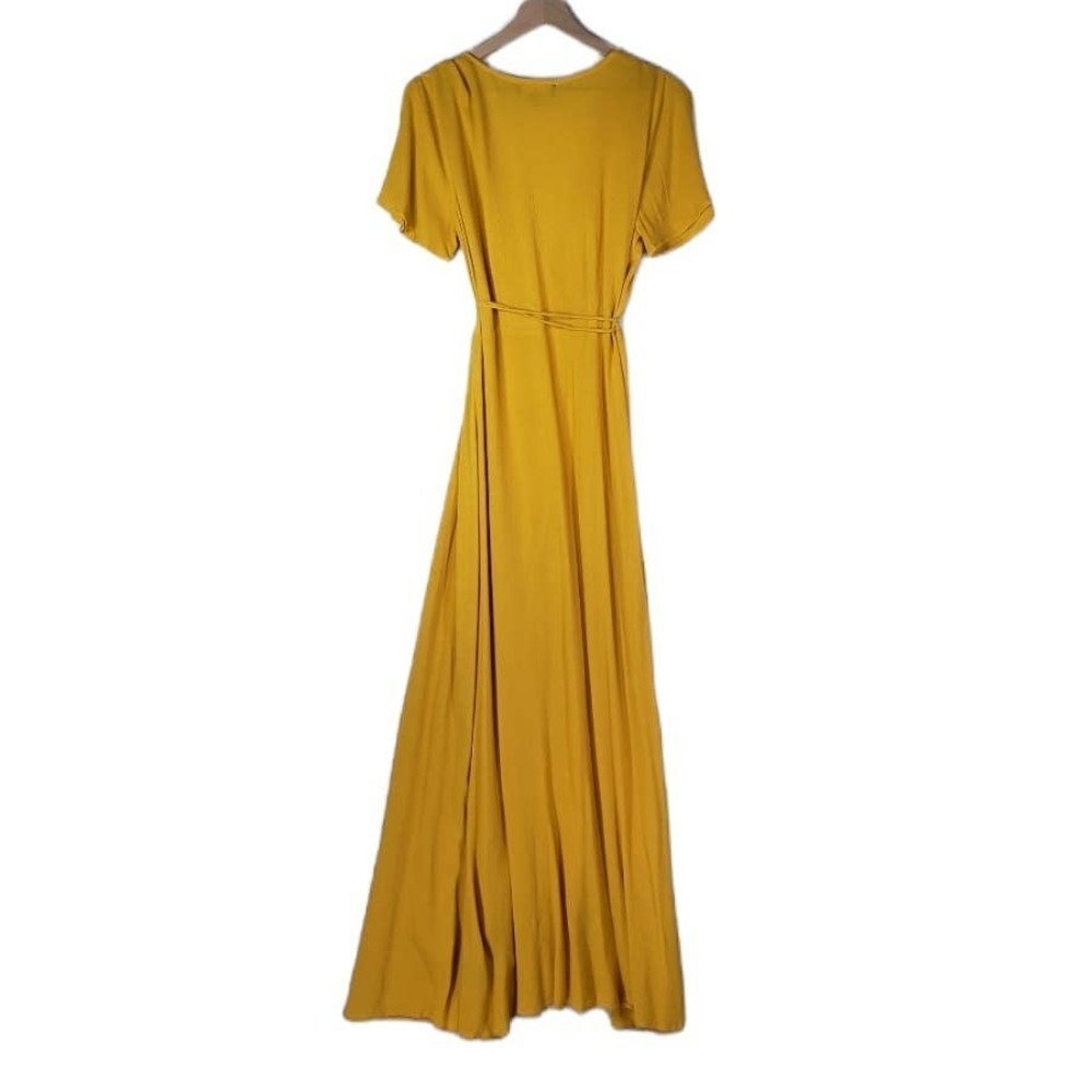 Lulus Much Obliged Mustard Yellow Crinkle Maxi Dress S Wrap Flutter Sleeve - Picture 11 of 13